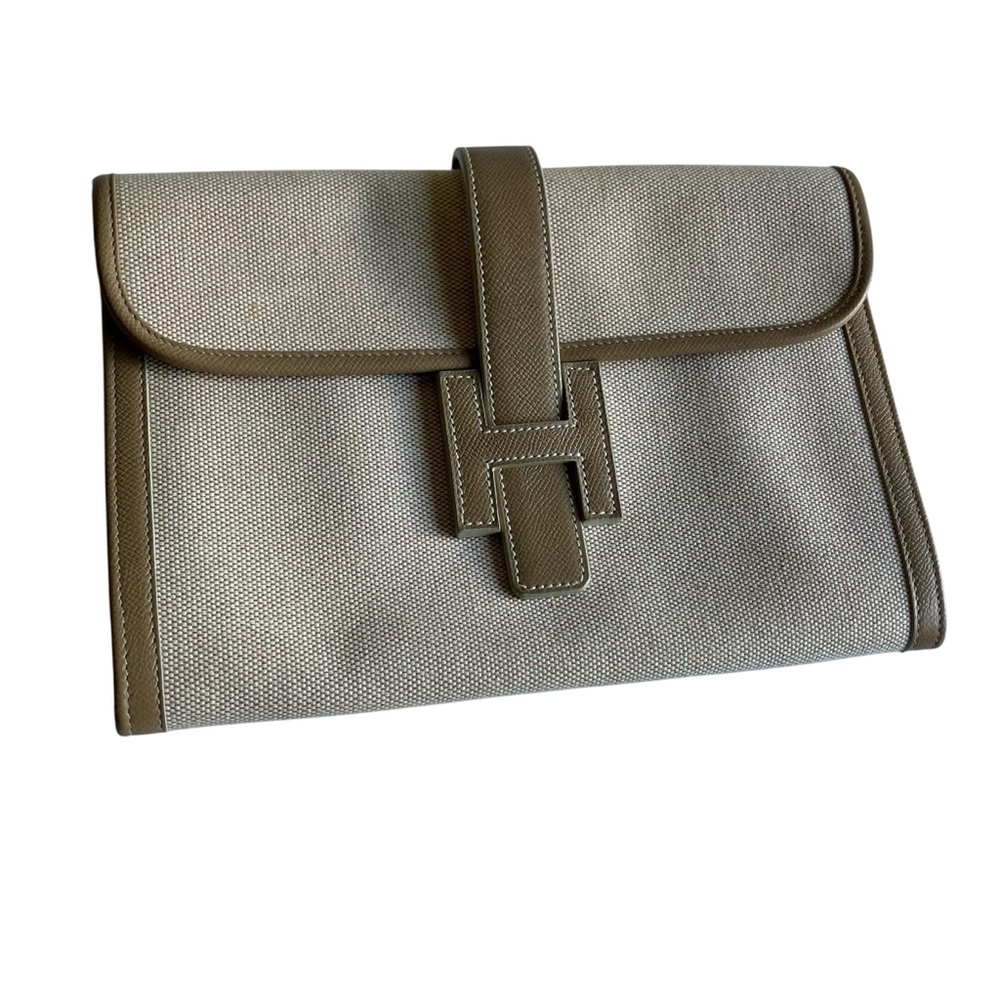 Medford Cowell Canvas Leather Cream Tan Envelope Clutch H-Shaped Flap Closure